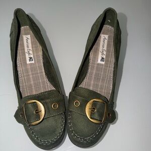 American Eagle Outfitters Olive Green Loafers with Gold Buckle